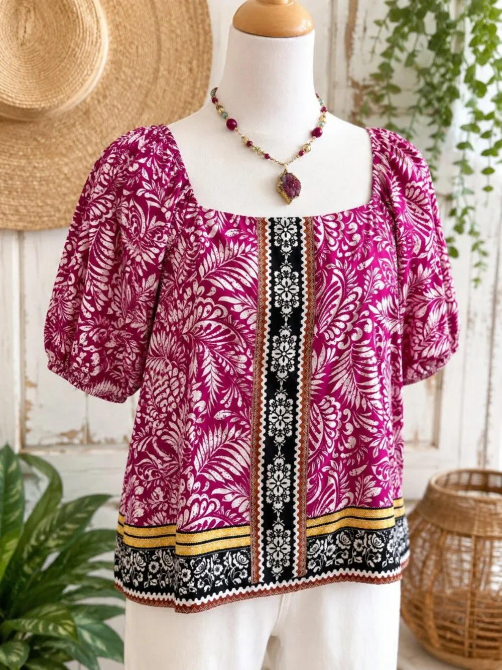 LOFT Brand Petite Palm Bubble Sleeve Square Neck Blouse Magenta/Multi Size LP